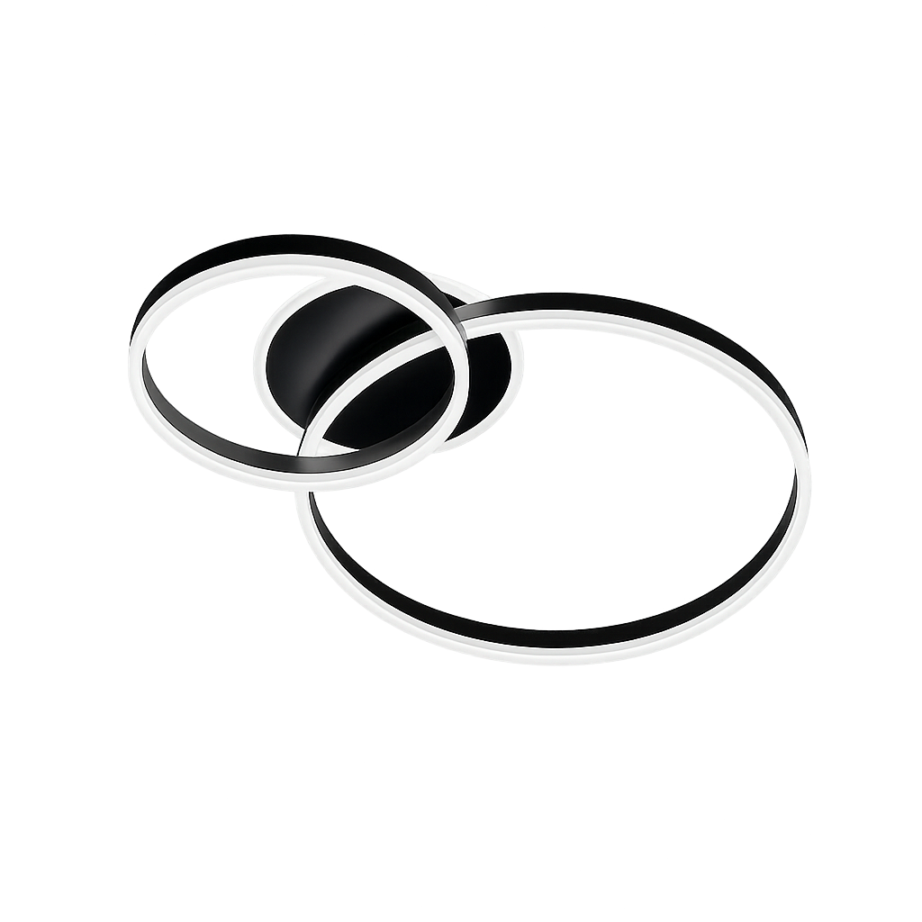 Lustra LED cu doua cercuri negre si telecomanda, instalata in birou modern, oferind luminare clara si stil potrivit pentru lucru.
