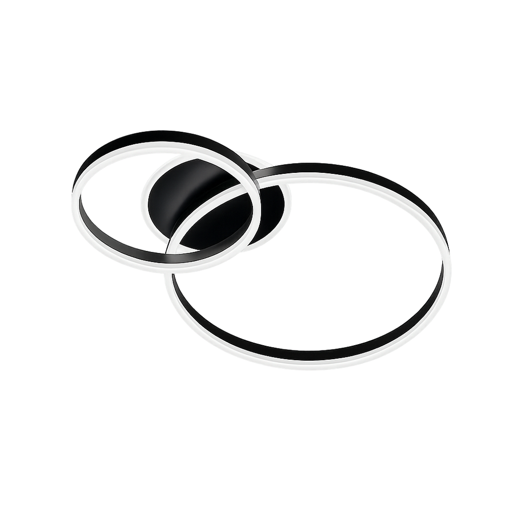 Lustra LED cu doua cercuri negre si telecomanda, instalata in birou modern, oferind luminare clara si stil potrivit pentru lucru.
