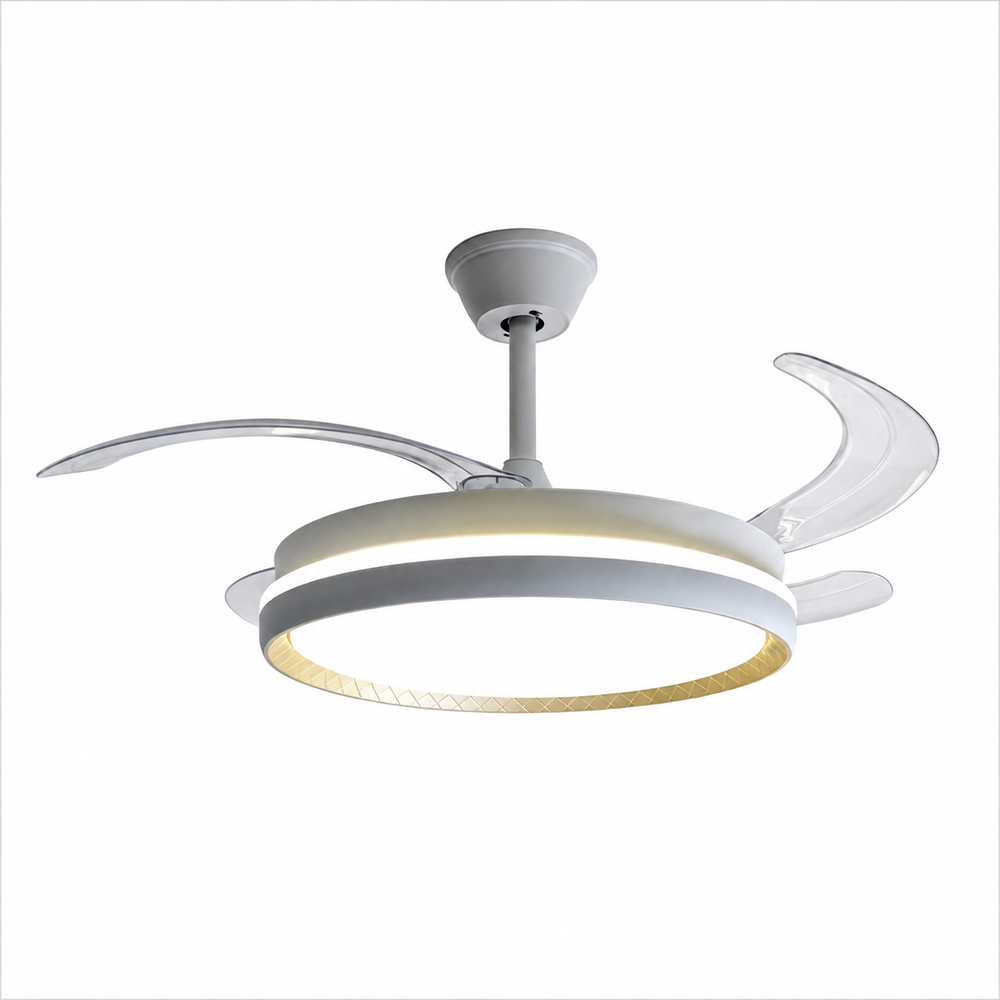 Lustră LED cu ventilator de tavan A111L albă, LED 50W, ventilator 30W, pale retractabile, telecomandă și iluminare reglabilă, imagine produs pe fundal alb.