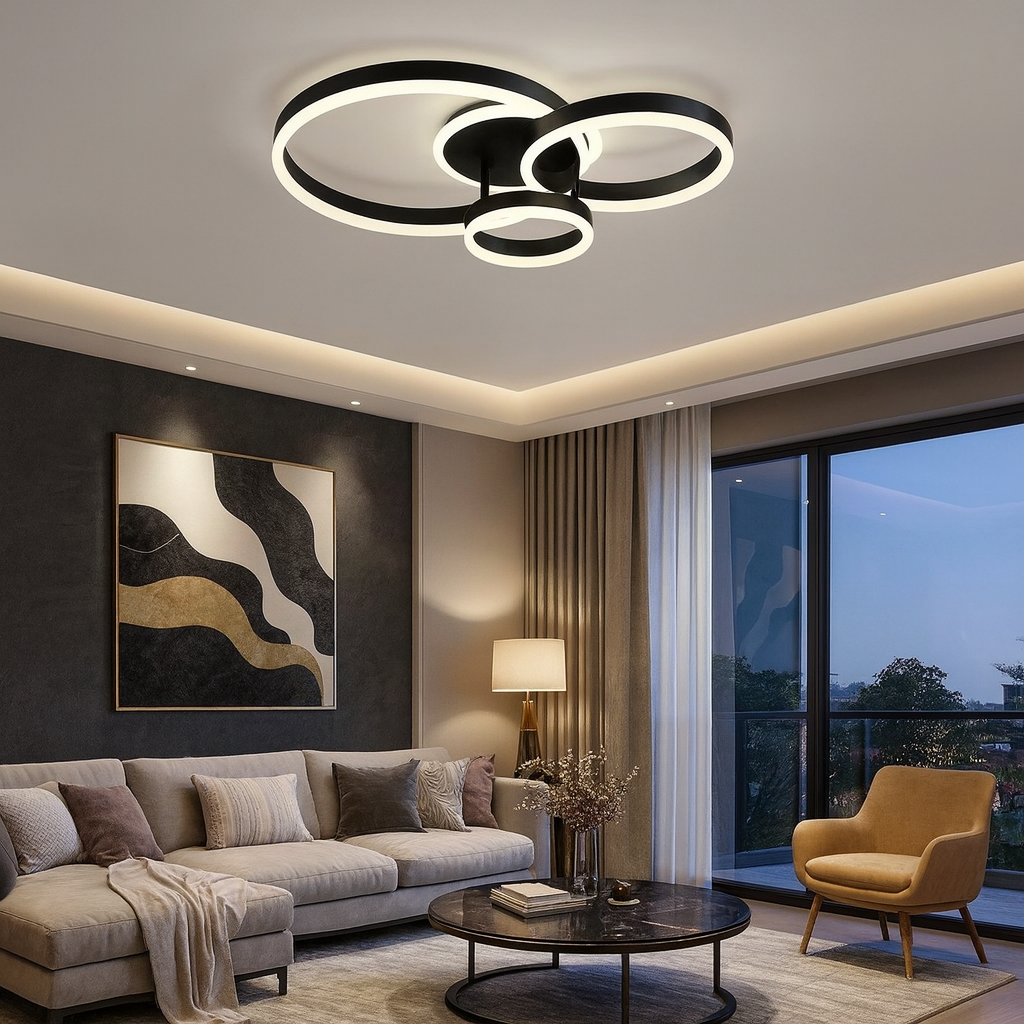 Lustra LED cu 3 cercuri negre si telecomanda, montata in living modern, oferind luminare puternica si un stil decorativ contemporan.
