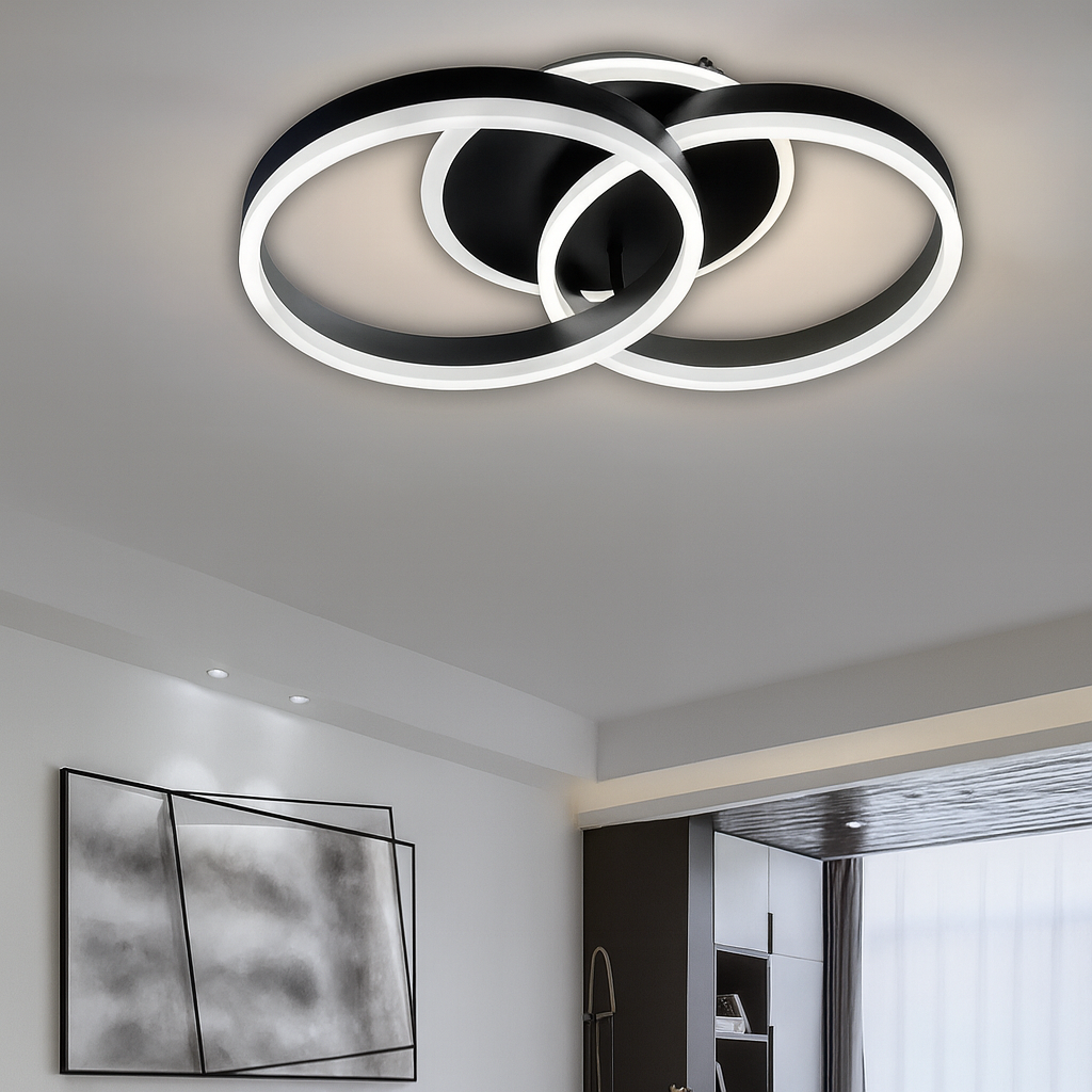 Lustra LED neagra cu 2 cercuri suprapuse, 96W, montata in living modern, birou reglabila cu telecomanda