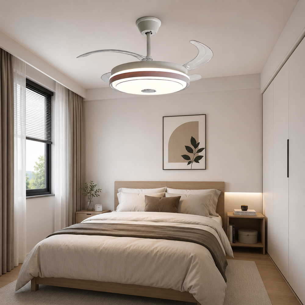 Lustră LED cu ventilator A127L-M instalată într-un dormitor modern, finisaj alb, pale transparente retractabile, iluminare LED și telecomandă.