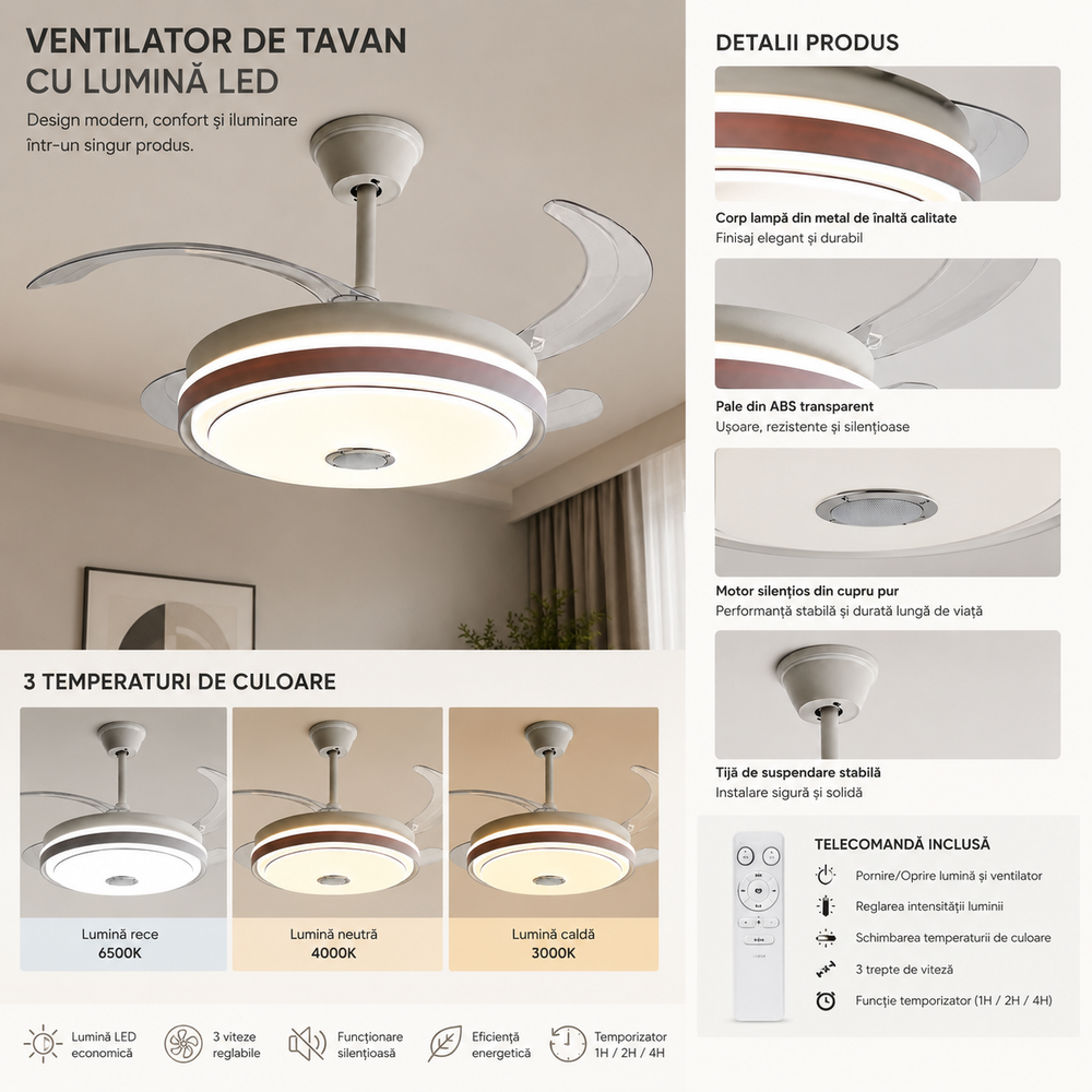 Lustră LED cu ventilator de tavan A127L-M albă, LED 50W, ventilator 30W, pale retractabile, difuzor Bluetooth și telecomandă, imagine produs pe fundal alb.