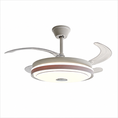 Lustră LED cu ventilator de tavan A127L-M albă, LED 50W, ventilator 30W, pale retractabile, difuzor Bluetooth și telecomandă, imagine produs pe fundal alb.