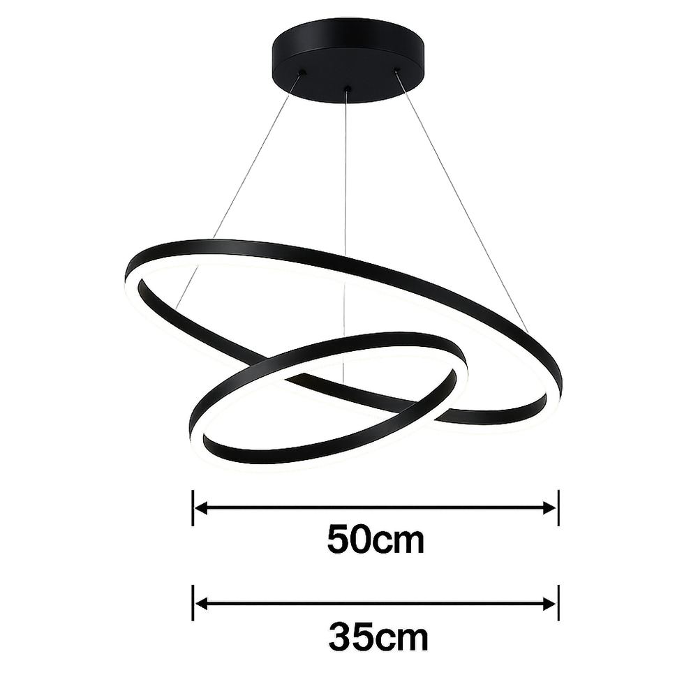 Lustra LED 2 cercuri negru mat 140W cu telecomanda, iluminare spectaculoasa pentru scara interioara
