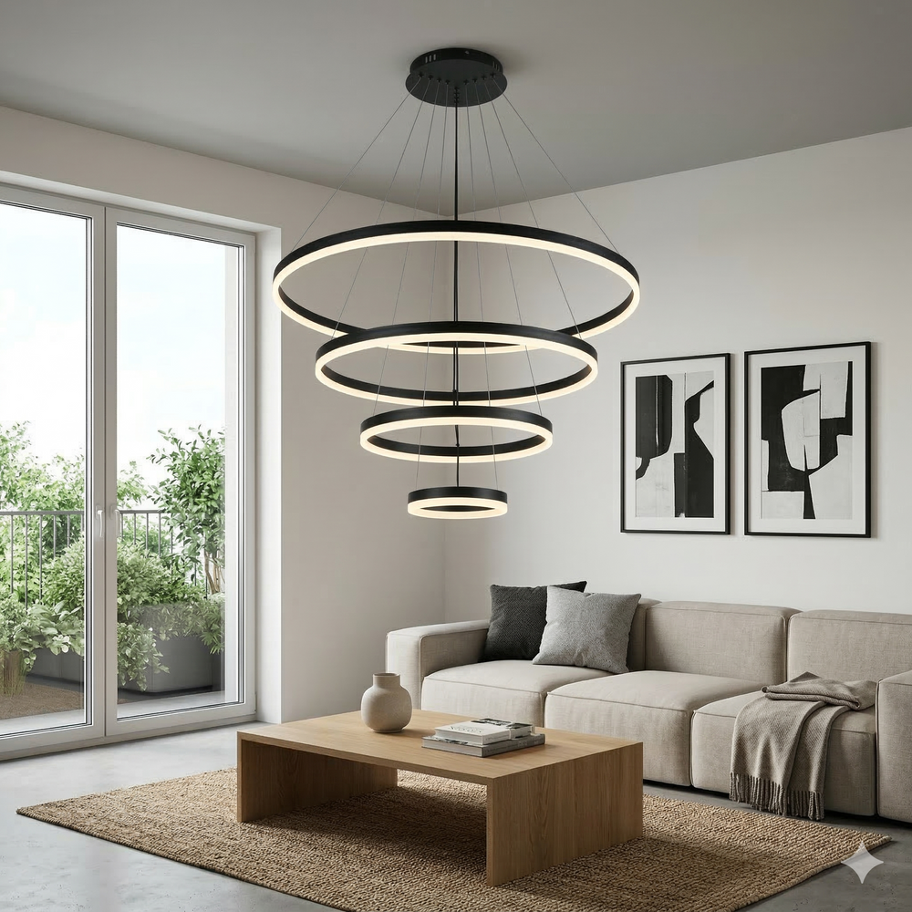 Lustra LED patru cercuri negru 80cm cu telecomanda, lumina ajustabila, instalata modern in living elegant