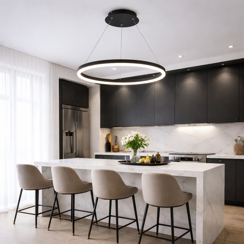 Lustra LED cerc rotund negru Ø60cm cu telecomanda in bucatarie moderna cu insula