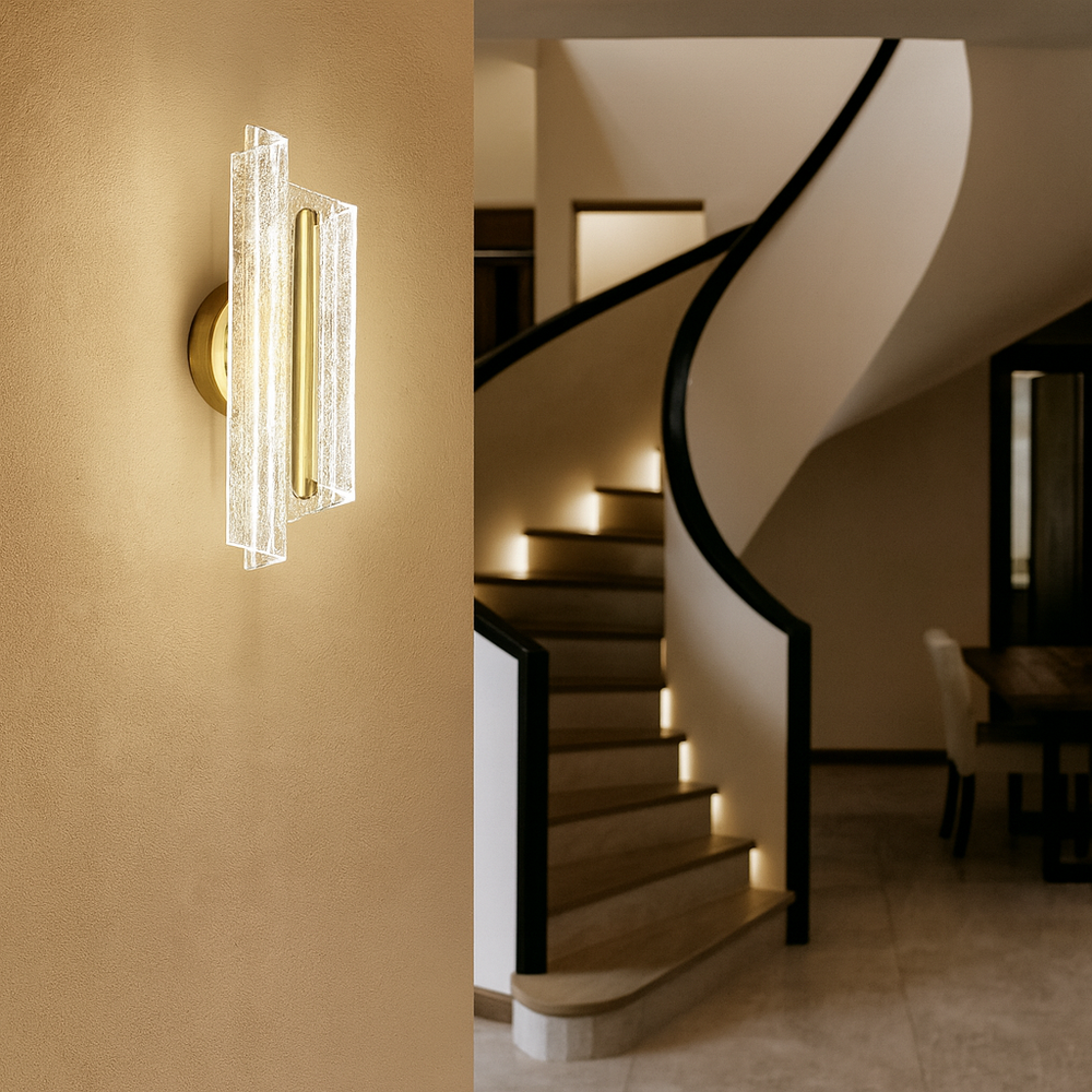 Aplica LED moderna aurie cu design din sticla texturata si lumina 3000–6500K, ideala pentru holuri si zone de tranzit elegante, model 59336.