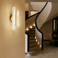 Aplica LED moderna aurie cu design din sticla texturata si lumina 3000–6500K, ideala pentru holuri si zone de tranzit elegante, model 59336.