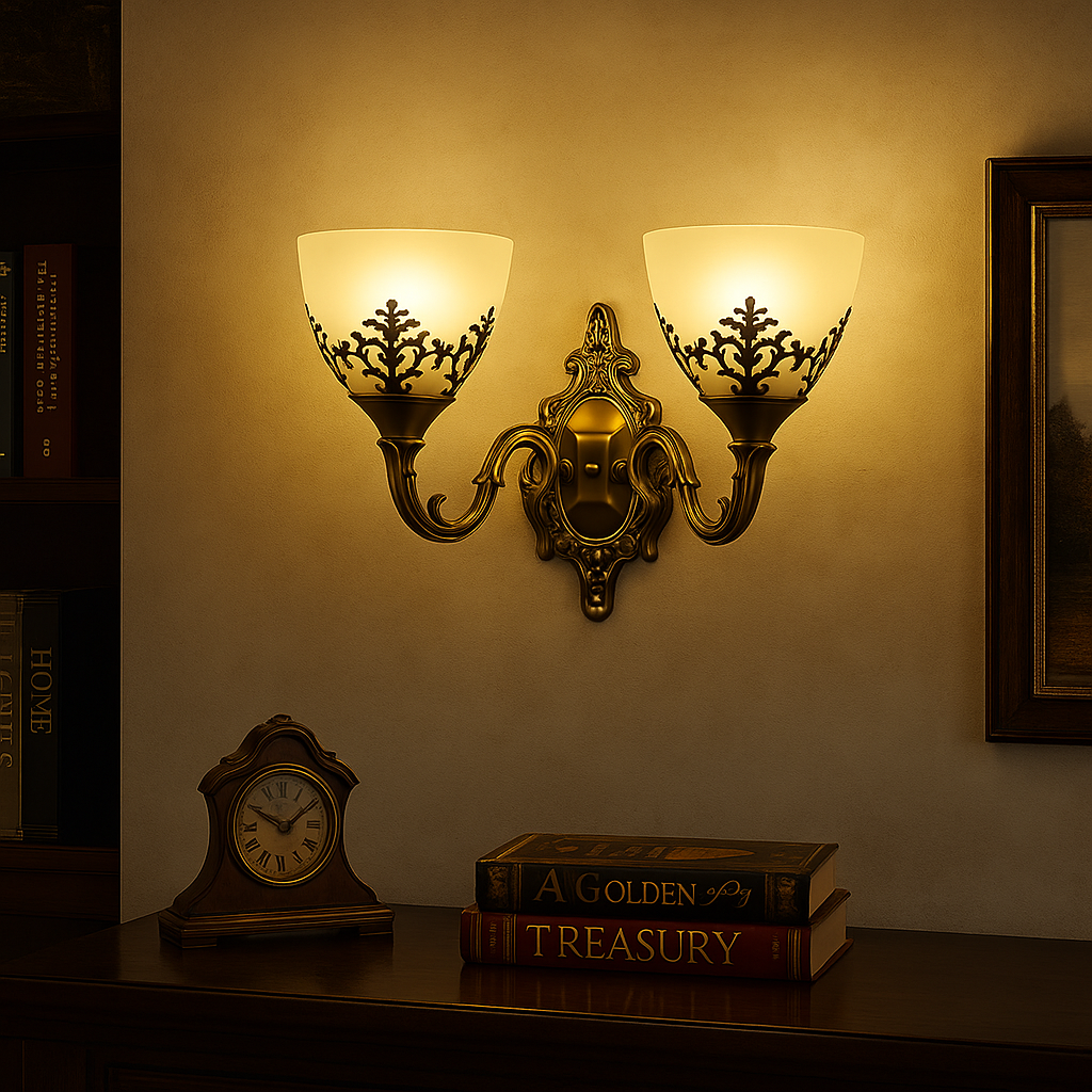 Aplica vintage 6898-2W AB, finisaj bronz antichizat si doua abajururi mate decorative, iluminand livingul elegant cu stil victorian