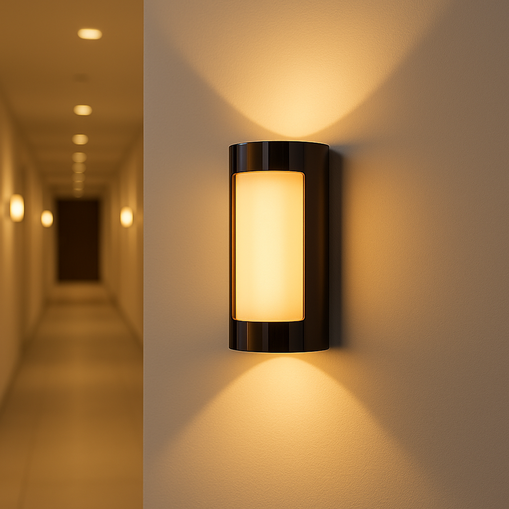 Aplica LED 16W IP54 lumina calda, efect sus-jos pentru coridoare si holuri moderne.