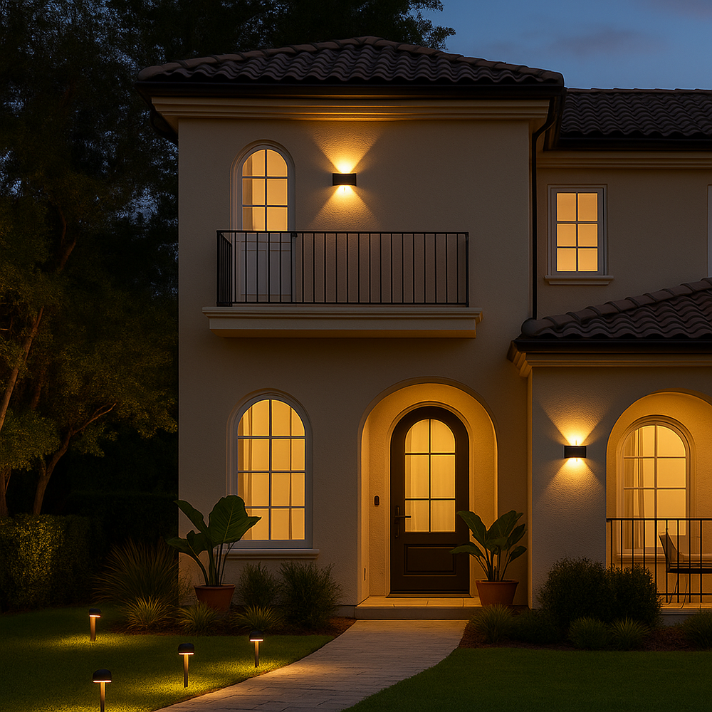 Aplica LED exterior IP65 8W lumina calda 3000K, design negru cu iluminare sus-jos, ideala pentru fatade si terase.