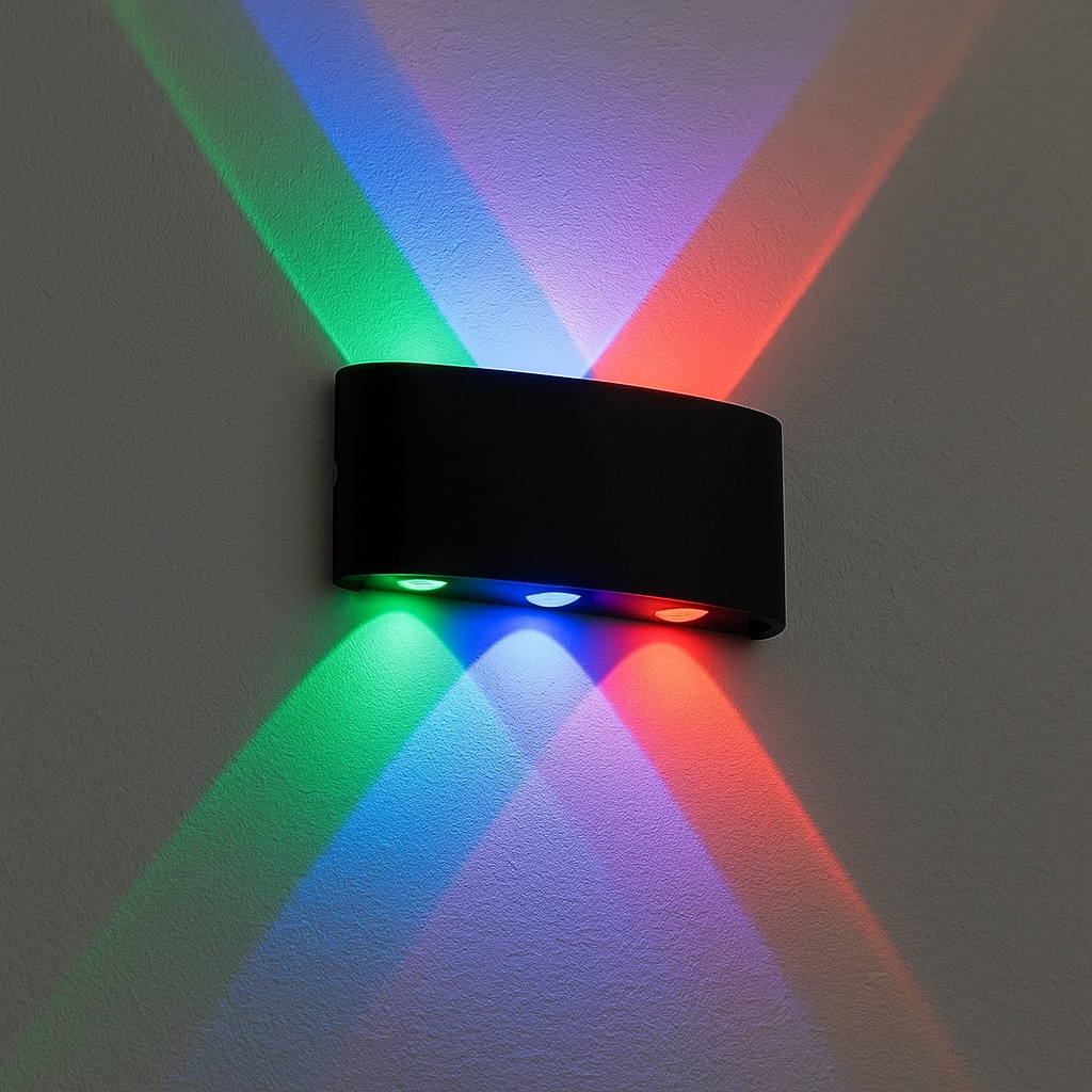 Aplica LED RGB 6W exterior, lumina multicolora, design modern negru, cu protectie la ploaie pentru decor arhitectural