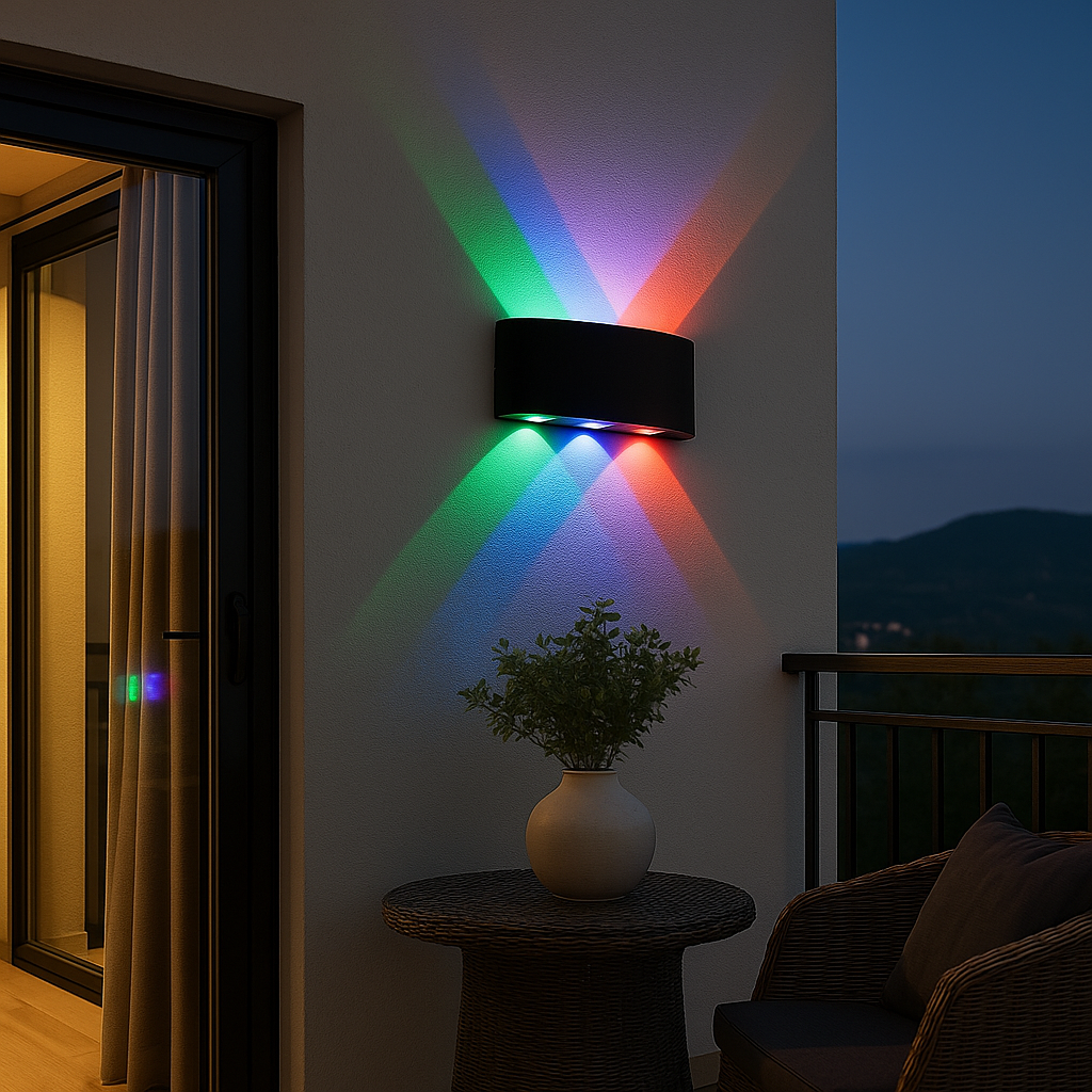Aplica LED RGB 6W exterior, lumina multicolora, design modern negru, cu protectie la ploaie pentru decor arhitectural