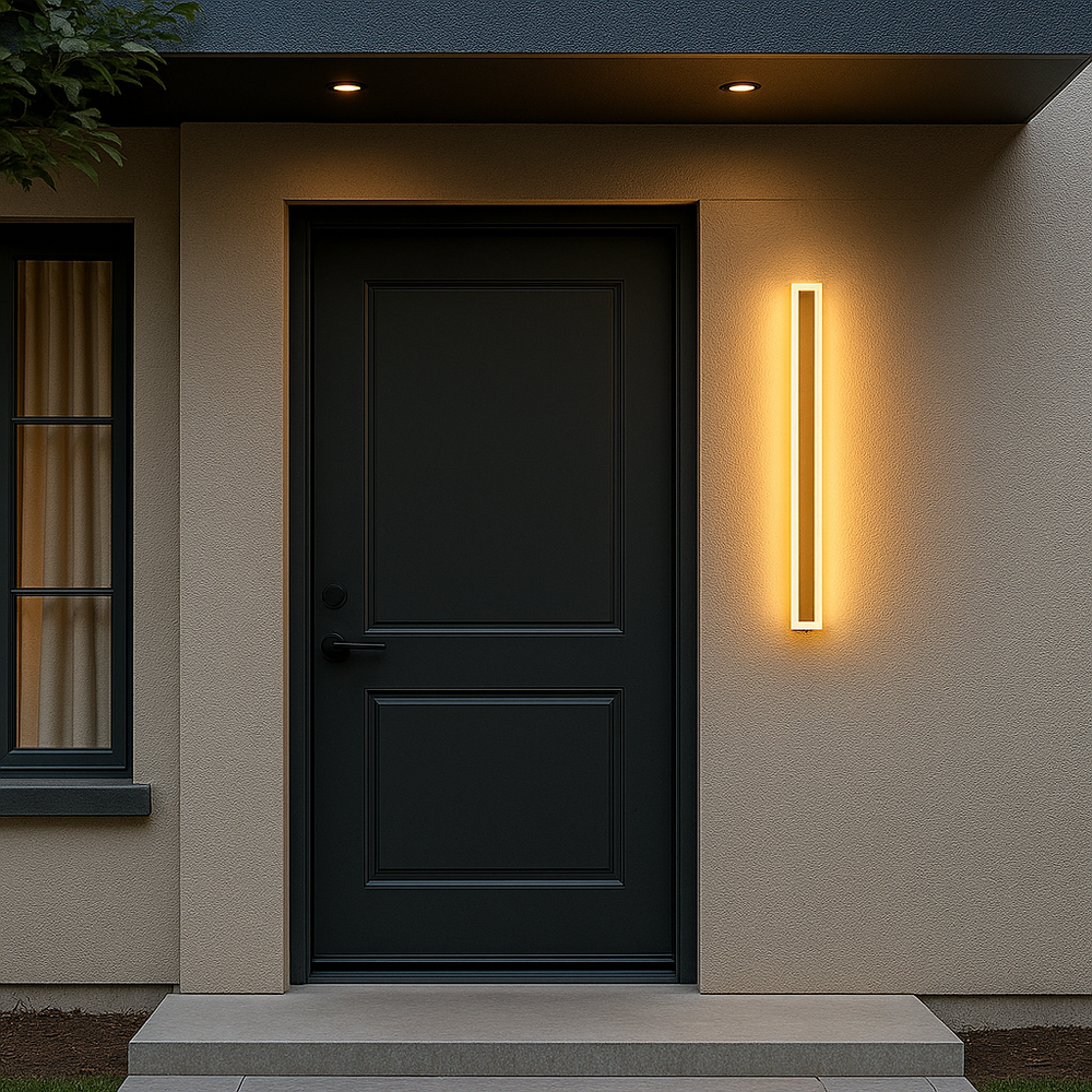 Aplica LED 71103/1200PLG aurie pentru exterior, design vertical 1200mm, lumina calda 3000K, rezistenta la ploaie pentru fatade moderne.