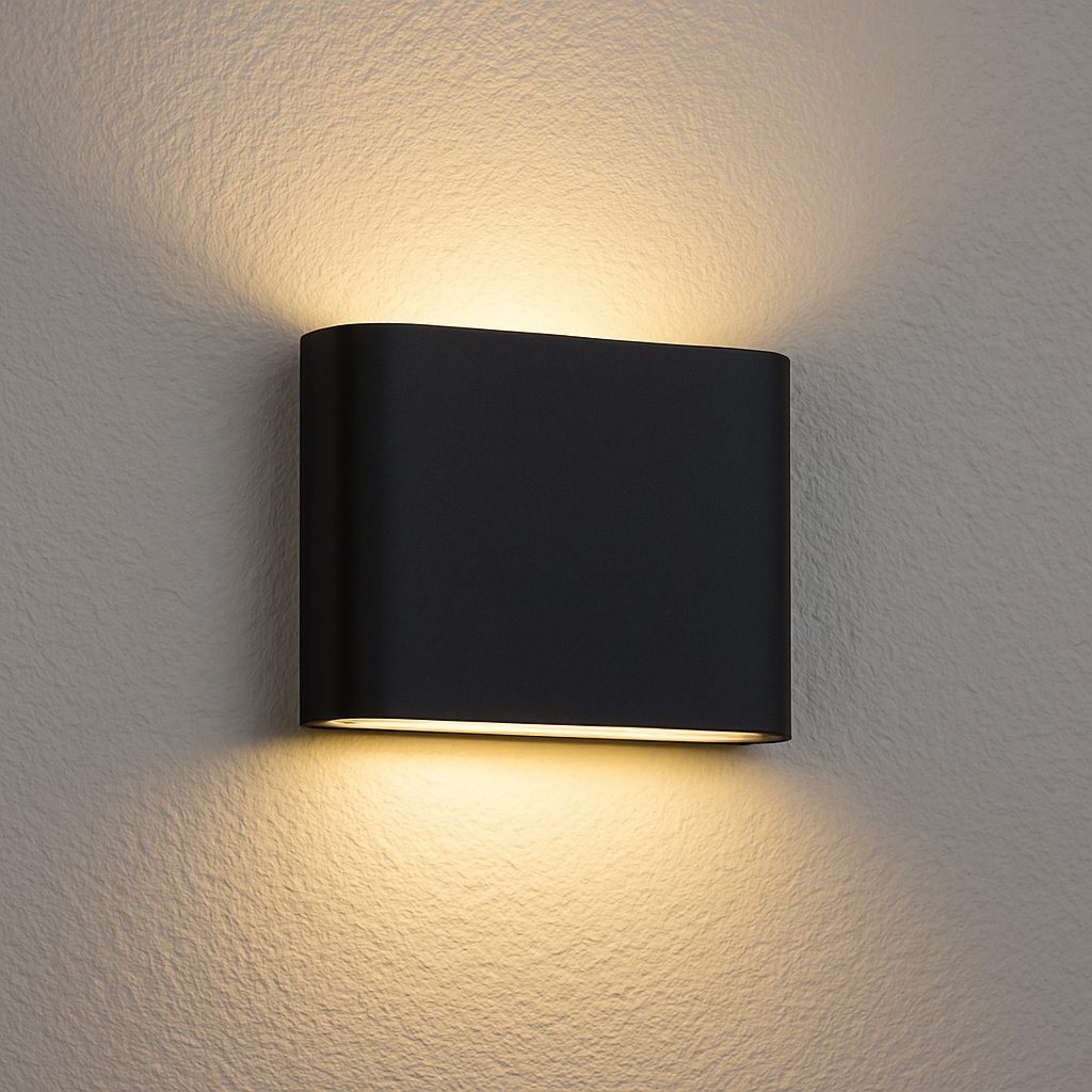 Aplica LED exterior 10W IP65 neagra, rezistenta la ploaie, lumina calda 3000K, perfecta pentru fatade si terase.