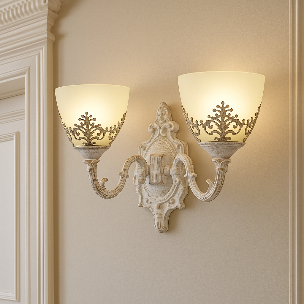 Aplica 6898-2W WH, design alb patinat cu doua brate florale, instalata pe hol pentru iluminare ambientala eleganta si vintage