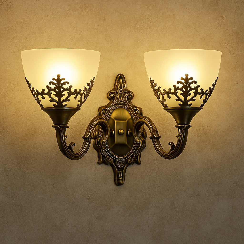 Aplica 6898-2W AB, design bronz antichizat cu brate simetrice, instalata pe hol pentru lumina ambientala si decor clasic sofisticat