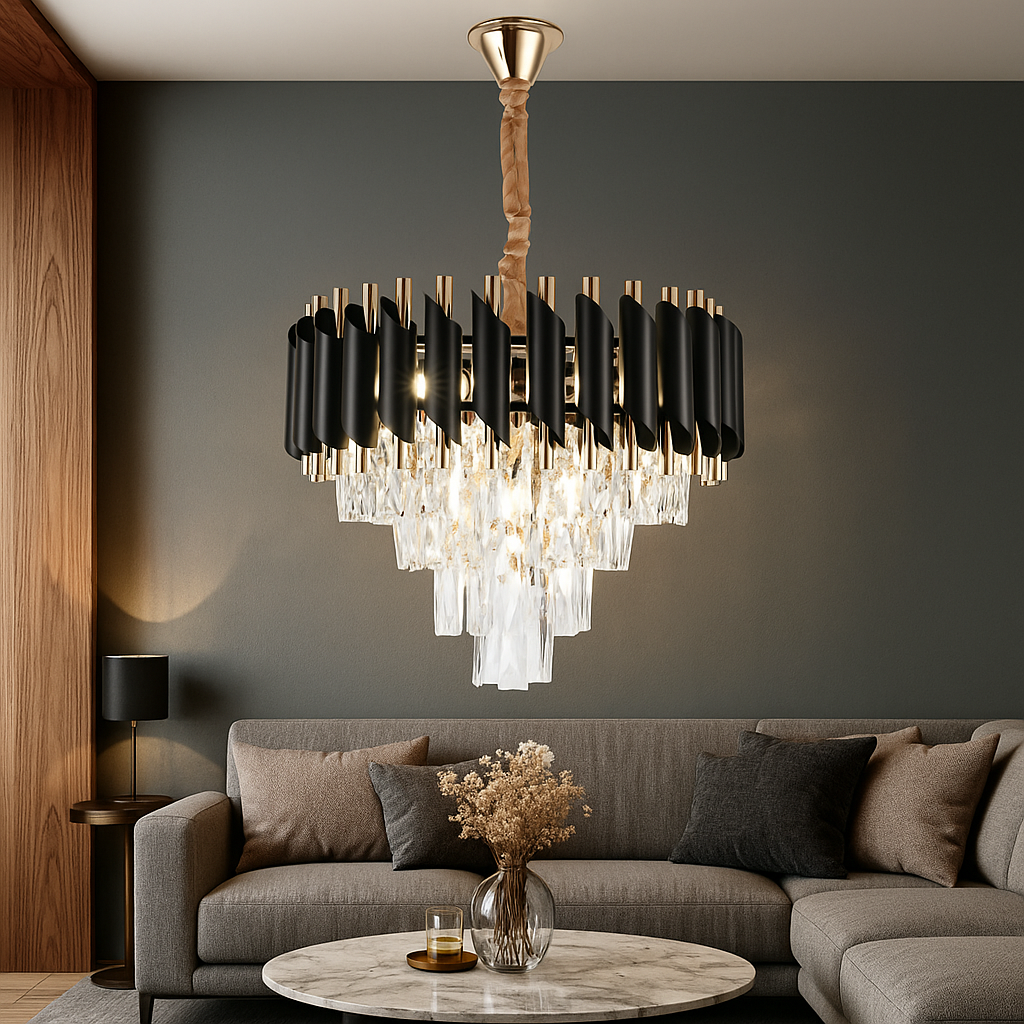 Candelabru rotund negru-auriu Ø400 mm cu cristale amplasat in living, adaugand lumina calda si un accent glam spatiului.