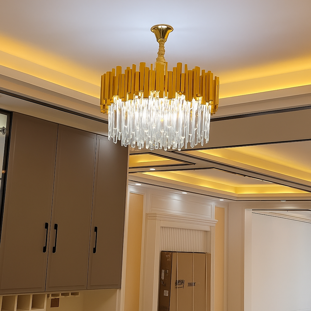 Candelabru negru cu cristale, forma rotunda Ø500 in living spatios, lumina puternica cu 8 becuri E27, fara telecomanda