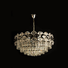 Candelabru rotund crom cu 12 becuri E27 in dormitor spatios elegant, diametru 600 mm, lumina echilibrata adaptabila