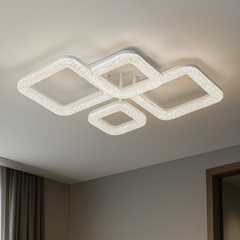 Lustra LED geometrica 120W cu accente cristaline si lumina reglabila 3000K-6500K cu telecomanda, montata in living modern pentru iluminare eleganta si puternica