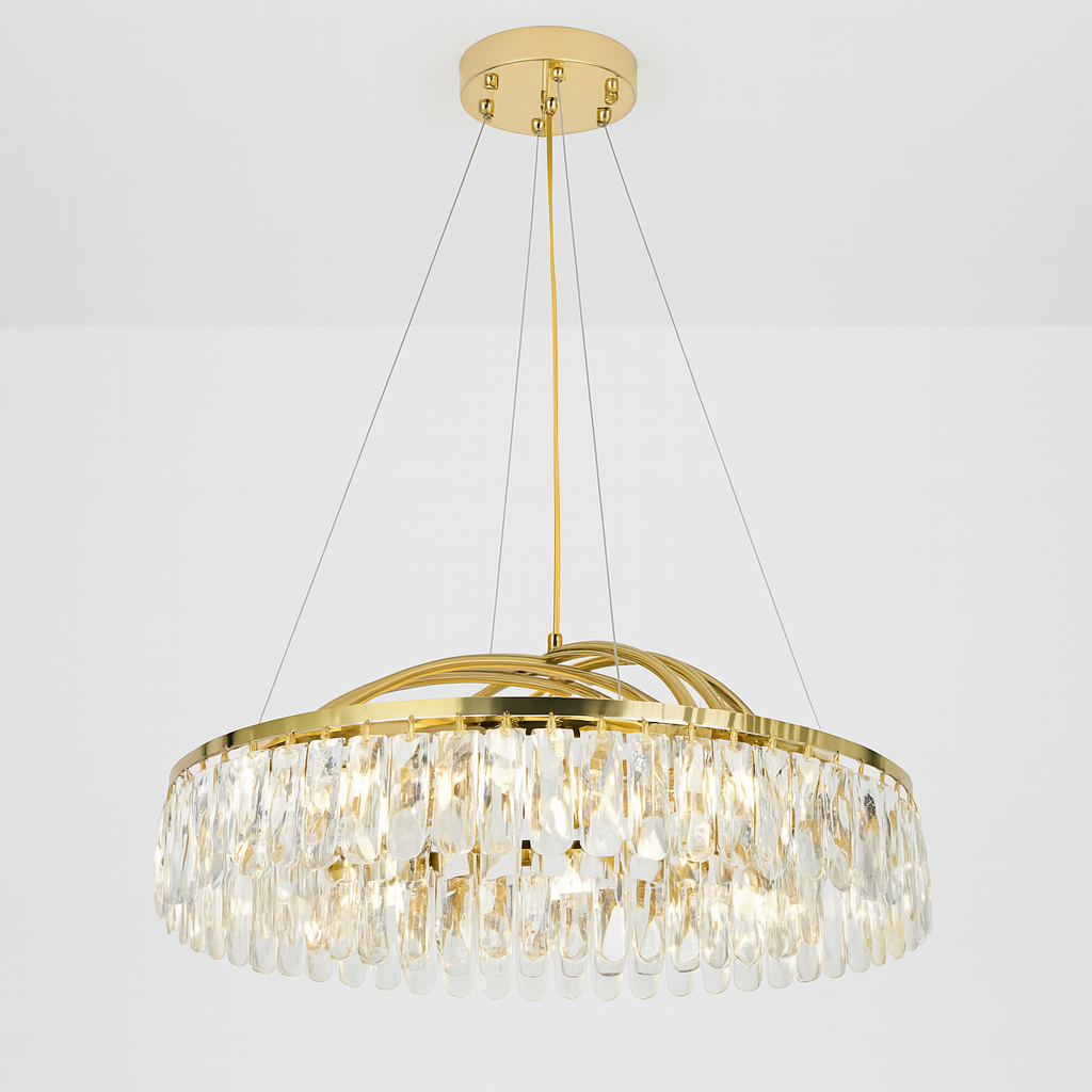 Candelabru rotund bronz cu cristale si LED integrat, iluminare eleganta pentru living modern, diametru 610 mm