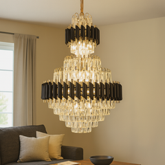 Candelabru cristal rotunda auriu negru Ø600 H930 in living inalt, 15 E27, iluminare puternica glam lux