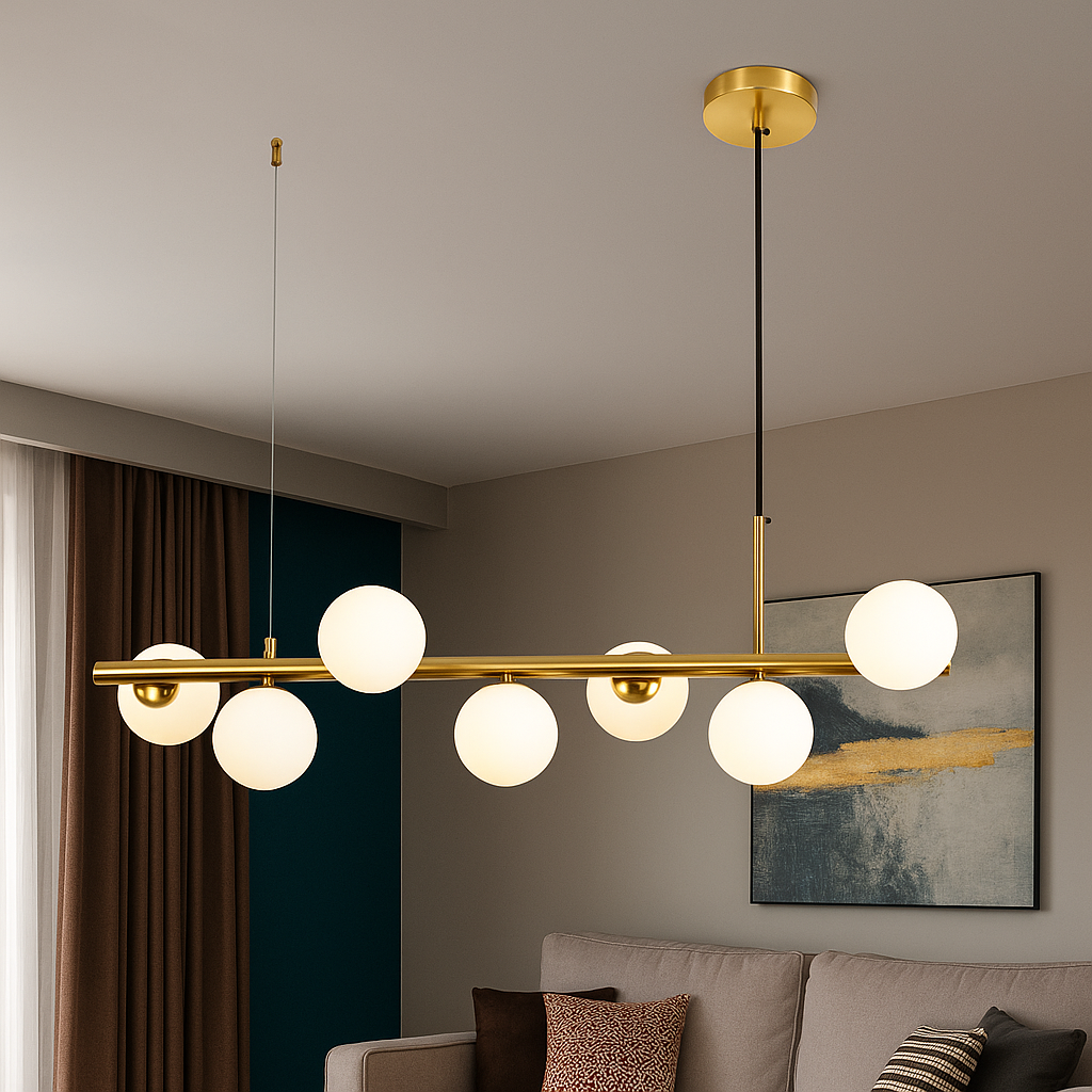 Lustra LED auriu satinat 7 globuri sticla mata, iluminare eleganta pentru living modern
