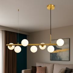Lustra LED auriu satinat 7 globuri sticla mata, iluminare eleganta pentru living modern