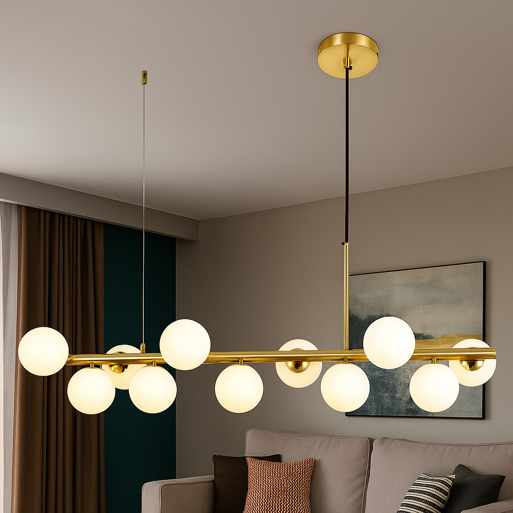 Lustra LED auriu satinat 11 globuri sticla mata, iluminare eleganta pentru living spatios