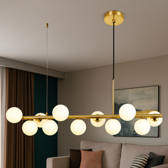 Lustra LED auriu satinat 11 globuri sticla mata, iluminare eleganta pentru living spatios