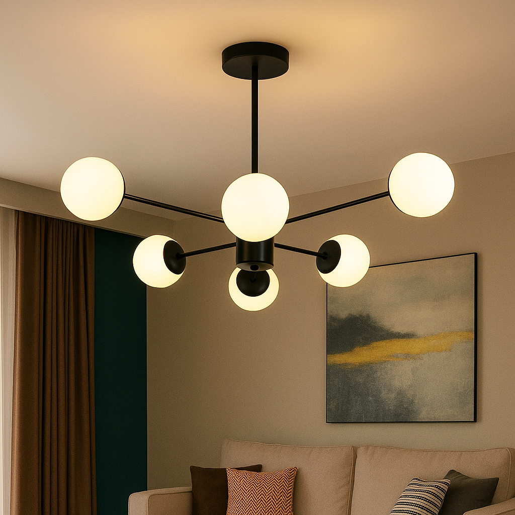 Lustra LED 9856-6 negru mat, formata din 6 globuri mate, iluminand un living modern cu luminare calda si uniforma