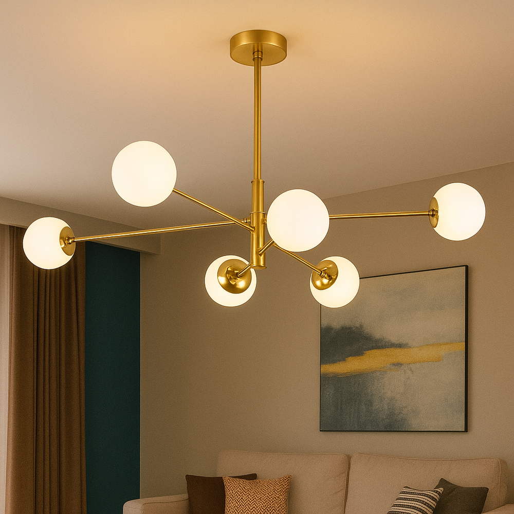 Lustra moderna aurie 9867-6 cu 6 globuri din sticla mata si soclu G9, iluminat pentru living sau dining