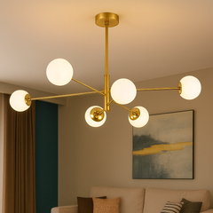 Lustra moderna aurie 9867-6 cu 6 globuri din sticla mata si soclu G9, iluminat pentru living sau dining