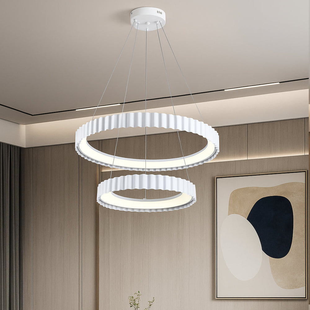 Lustra LED doua cercuri alba suspendata in living modern, 600mm, lumina reglabila cu telecomanda