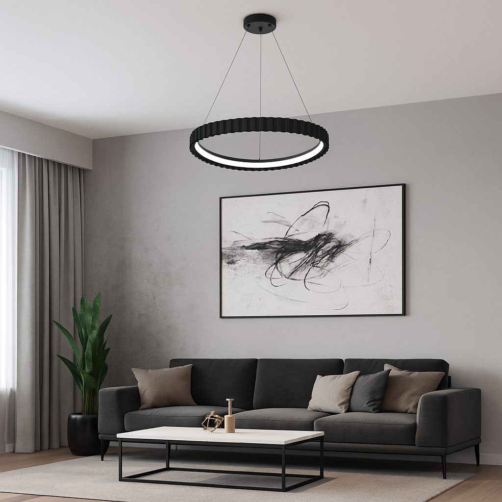 Pendul LED L77260/530 MB negru mat cu inel ondulat si telecomanda, lumina reglabila 3000–6500K, ideal pentru living modern si elegant.