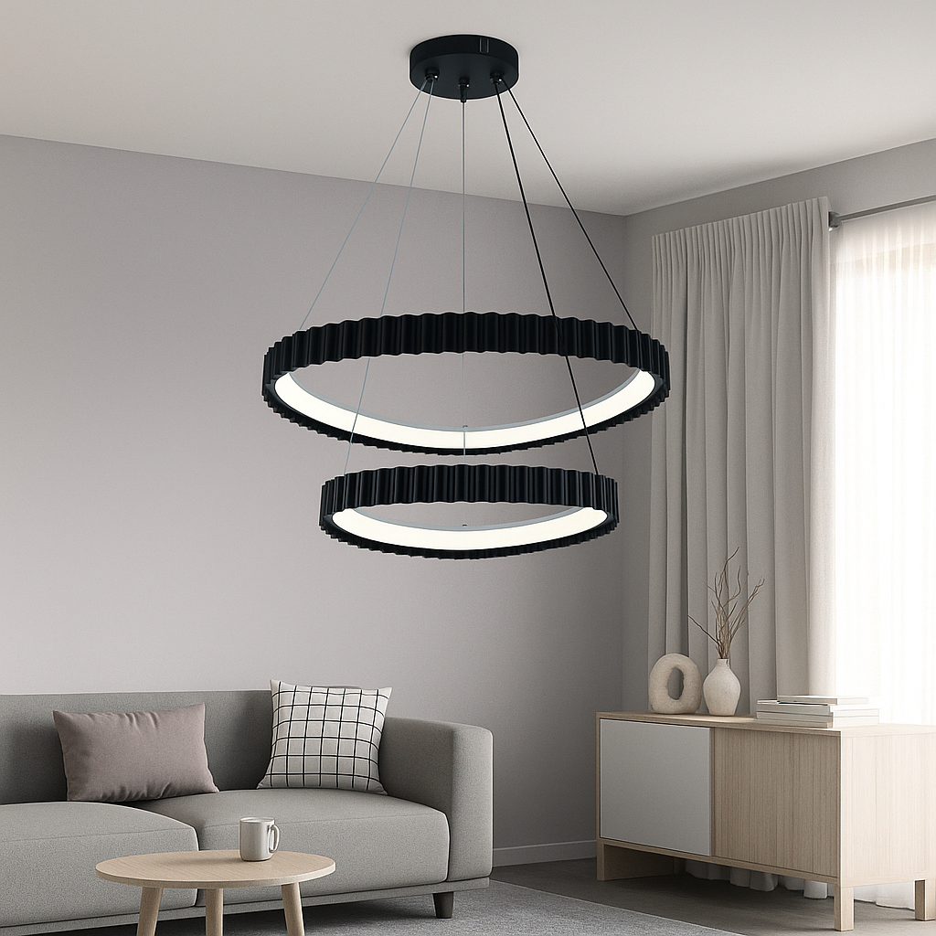 Lustra LED doua cercuri neagra suspendata in living modern, 630mm, lumina reglabila cu telecomanda