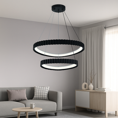 Lustra LED doua cercuri neagra suspendata in living modern, 630mm, lumina reglabila cu telecomanda