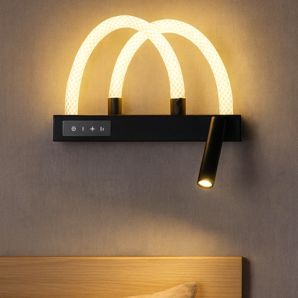 Aplica LED LUBAN Versa 26W, design modular compact negru mat, montata in dormitor modern pentru lumina adaptiva 3000–6500K