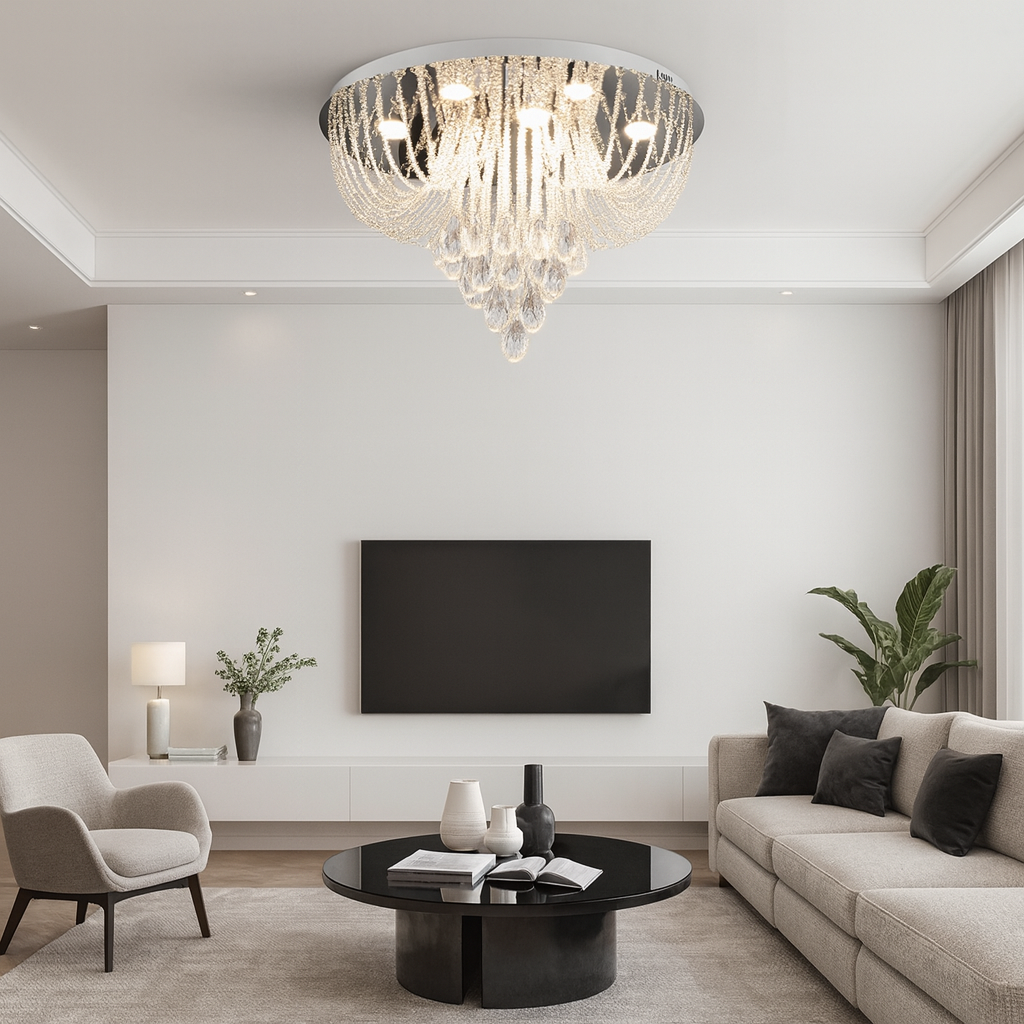 Lustra LED rotunda cu cristal, 9 surse si putere 45W, montata pe tavan in living modern, iluminare uniforma cu lumina neutra 4000K.