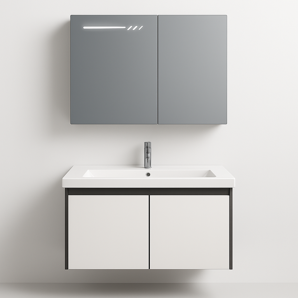 Set baie cu oglinda LED 60x70, dulap asimetric si lavoar alb negru, design modern pentru baie.