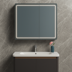 Set baie cu oglinda LED 80x60, dulap cu depozitare si lavoar suspendat, design modern pentru baie compacta.