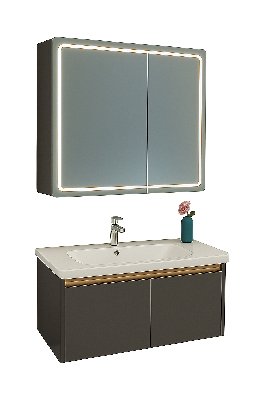 Set baie cu oglinda LED 80x60, dulap cu depozitare si lavoar suspendat, design modern pentru baie compacta.