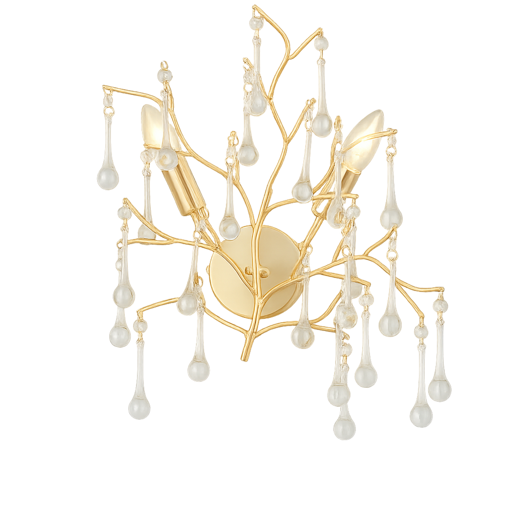 Aplica aurie cu cristale K9 stralucitoare, design rotund Ø30 cm cu 2 E14, perfecta pentru living modern cu lumina decorativa eleganta.