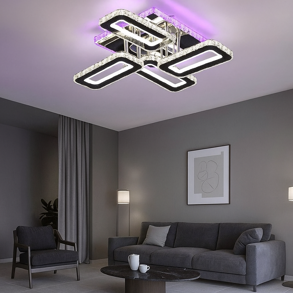 Lustra LED patrata 2x72W cu efecte RGB si lumina reglabila 3500K-6500K cu telecomanda 2.4G, montata in living modern pentru iluminare decorativa si dinamica