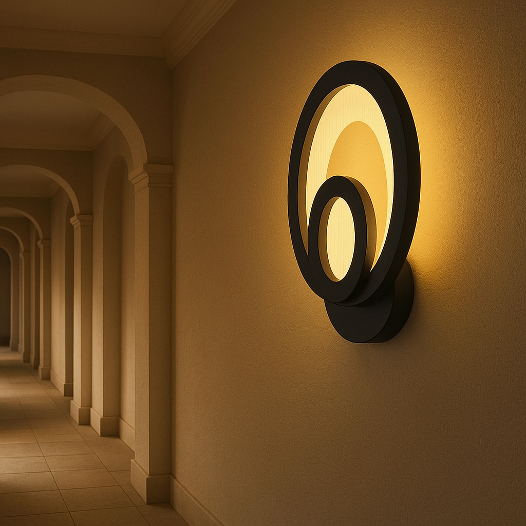 Aplica LED LUBAN B03 260mm, forma verticala compacta, instalata pe un hol ingust pentru lumina clara si eficienta