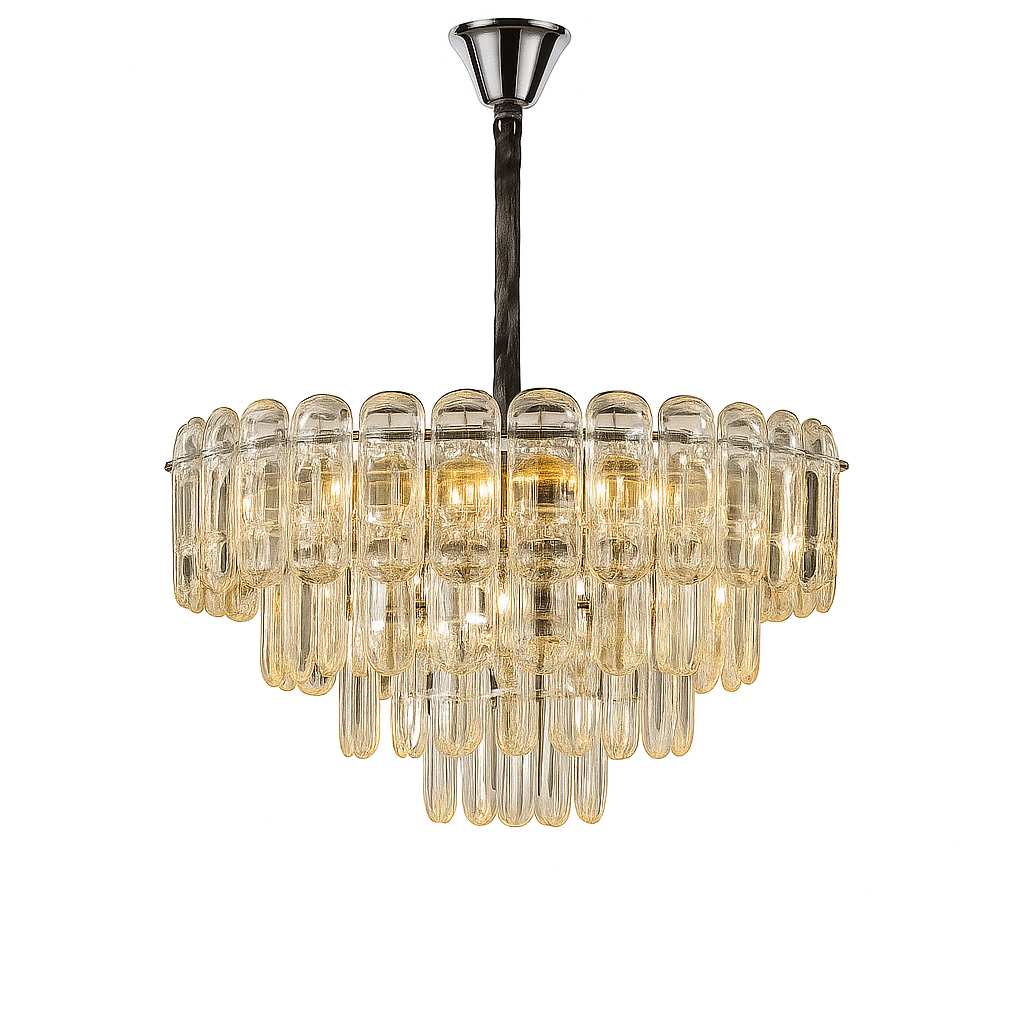 Candelabru rotund auriu cu 8 socluri E27, montat in dormitor mare, lumina uniforma si design modern rafinat.