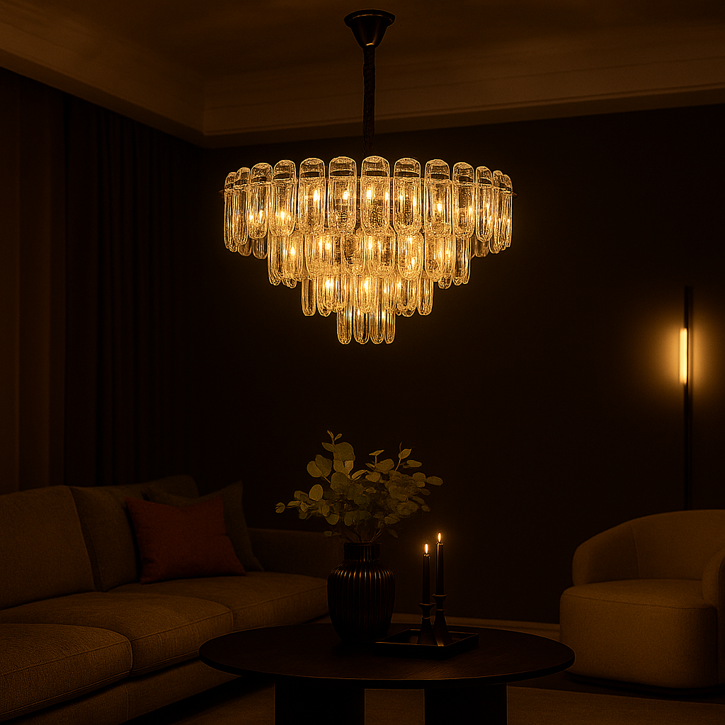 Candelabru rotund auriu cu 8 becuri E27, montat in living spatios modern, iluminare decorativa puternica si eleganta.