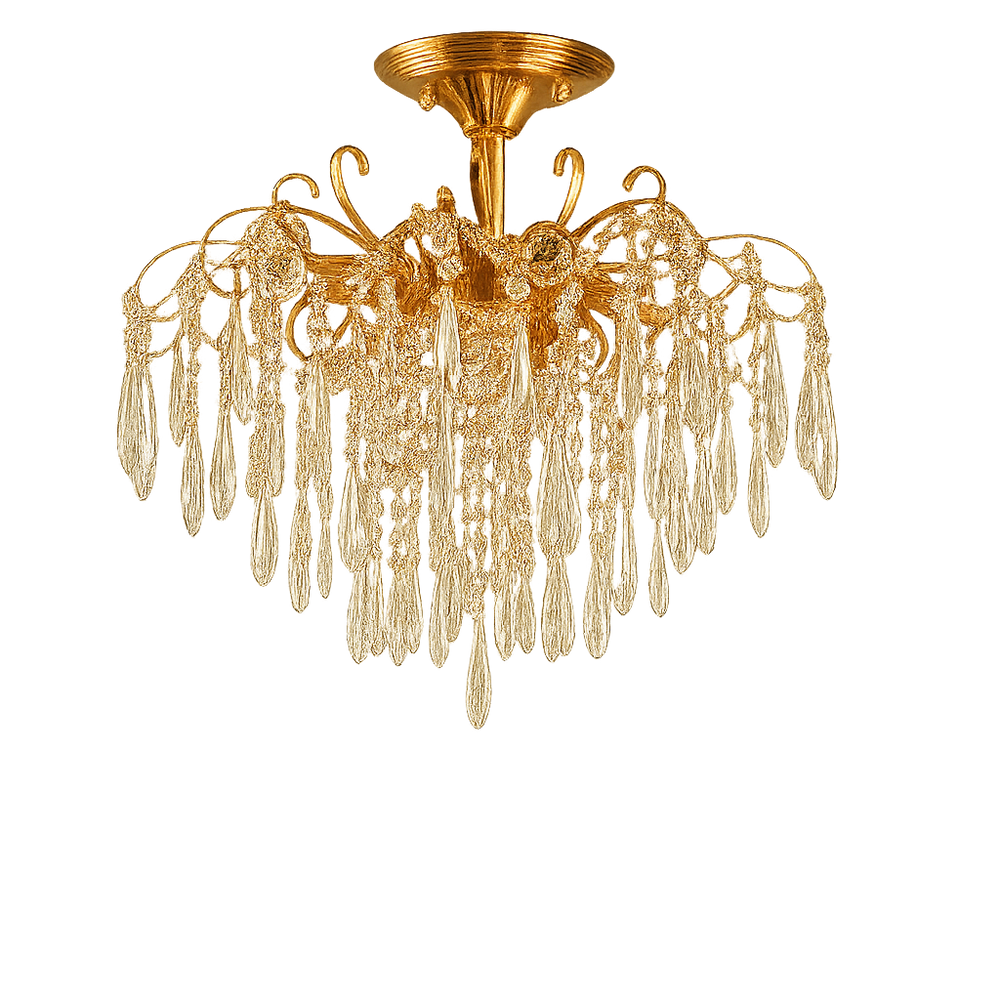 Candelabru rotund auriu cu cristale K9, 5 becuri E27, iluminare calda eleganta pentru living modern spațios